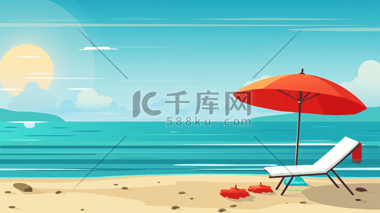 手绘唯美户外蓝天大海沙滩遮阳伞的插画