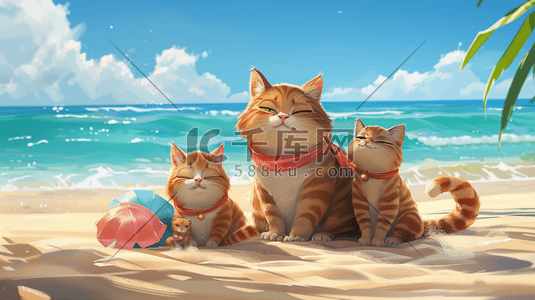 梨沙子很插画图片_沙滩度假的小猫插画