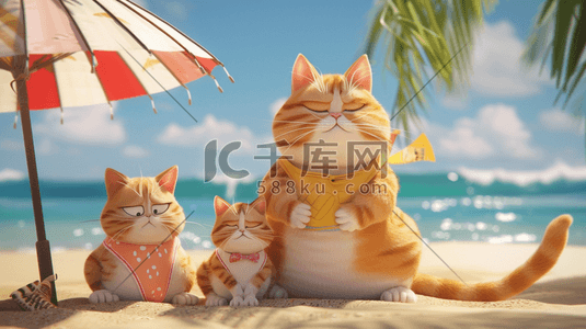 沙滩度假的小猫插画