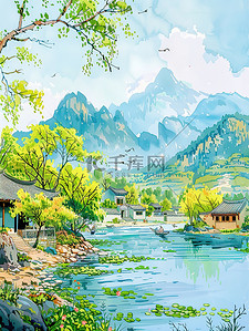 江南的河岸在春风插画素材