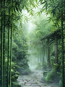 雨后清新的竹林雾蒙蒙插画图片