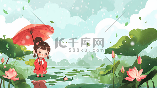 谷雨时节荷塘女孩插画18