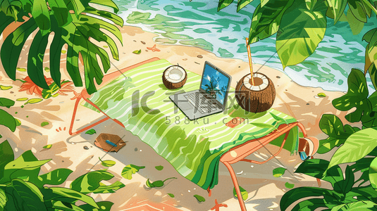 手绘唯美海边椰子电脑饮料桌椅的插画