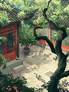 中国古风的庭院绿树插画素材