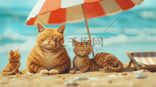 飞扬的沙子插画图片_沙滩度假的小猫插画