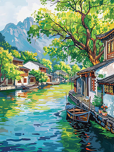 绿树的插画图片_江南的河岸在春风插画图片