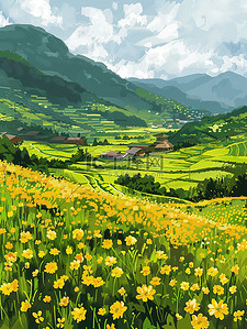 稻田设计插画图片_稻田农村的黄色花朵和绿色田野插画设计