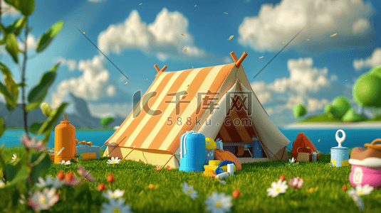3D立体夏季夏令营帐篷插画