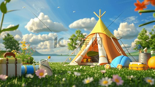 夏令营插画图片_3D立体夏季夏令营帐篷插画