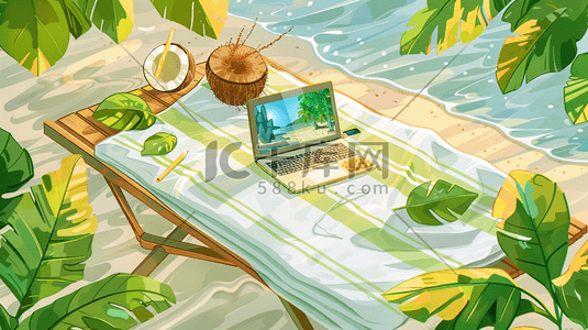 绿色海边插画图片_手绘唯美海边椰子电脑饮料桌椅的插画