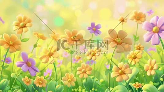 彩色唯美手绘户外花朵花丛花草的插画