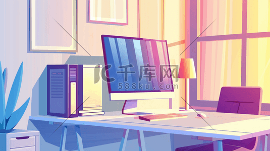 手绘电脑桌面插画图片_彩色手绘扁平化室内桌椅电脑阳光的插画