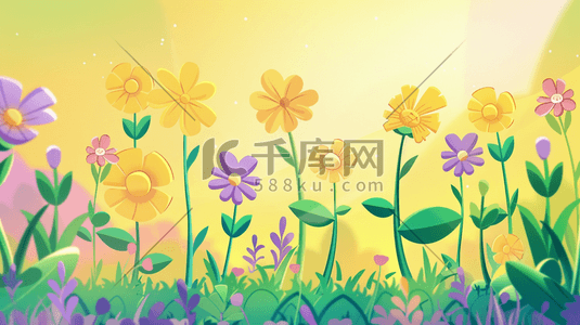 手绘花卉花朵插画图片_彩色唯美手绘户外花朵花丛花草的插画