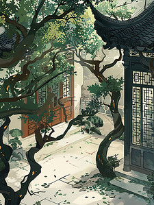 绿树枝条插画图片_中国古风的庭院绿树图片