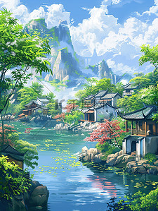 春风插画图片_江南的河岸在春风插画海报