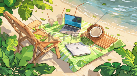 椰子叶动图插画图片_手绘唯美海边椰子电脑饮料桌椅的插画