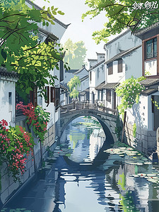 网页专题设计插画图片_江南古镇小桥流水插画设计