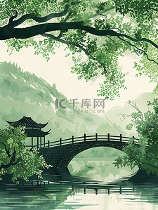 拱桥开业插画图片_江南古镇拱桥春天插画