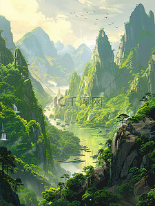 地产清山绿水插画图片_远眺郁郁葱葱的青山绿水素材