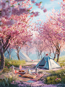 樱花插画图片_淡粉色的樱花树下野餐插图