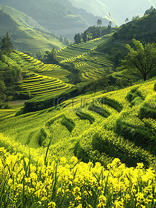 农村文化墙插画图片_稻田农村的黄色花朵和绿色田野插画