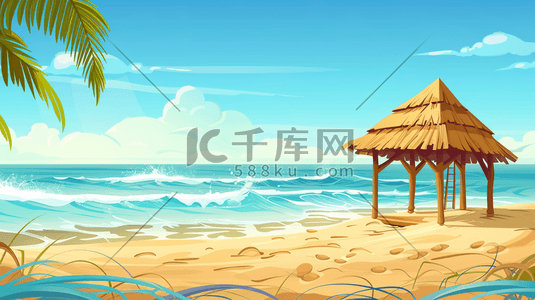 六十年代的毛草屋插画图片_彩色手绘唯美户外大海沙滩草屋的插画