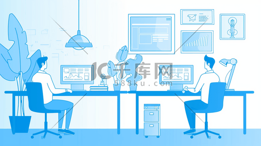 简约设计蓝色插画图片_蓝色扁平化平面简约室内桌椅精英办公的插画
