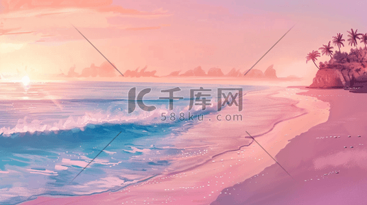 粉色唯美户外大海沙滩海浪风景的插画