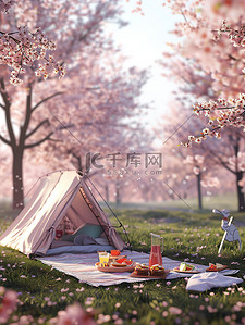 淡粉色的樱花树下野餐原创插画