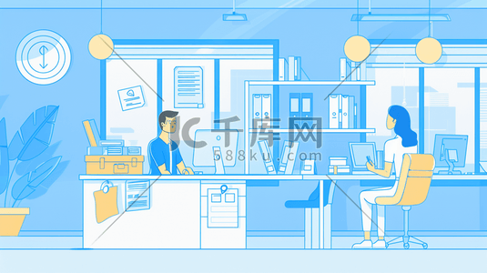 蓝色扁平化平面简约室内桌椅精英办公的插画