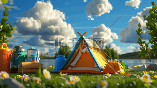 3D立体夏季夏令营帐篷插画