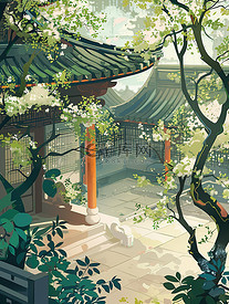 中国古风的庭院绿树素材