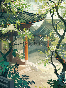 中国风贺卡插画图片_中国古风的庭院绿树素材