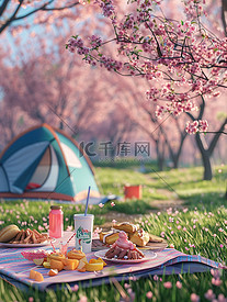淡粉色的樱花树下野餐插画图片