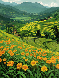 农村文化墙插画图片_稻田农村的黄色花朵和绿色田野插图