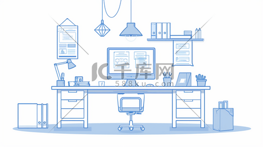 蓝色扁平化平面简约室内桌椅精英办公的插画