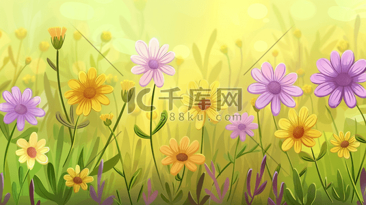 彩色唯美手绘户外花朵花丛花草的插画