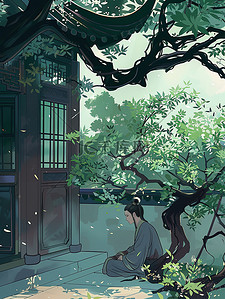绿树枝条插画图片_中国古风的庭院绿树原创插画