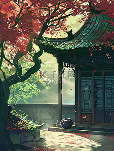 绿树枝条插画图片_中国古风的庭院绿树插画海报