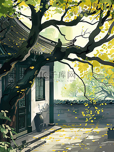 中国古风的庭院绿树插画素材