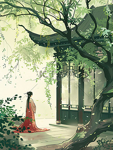 中国画李字插画图片_中国古风的庭院绿树插画素材