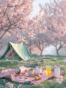 美食插画图片_淡粉色的樱花树下野餐插画
