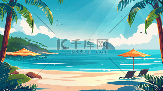 手绘唯美户外蓝天大海沙滩遮阳伞的插画