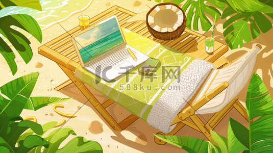 椰子水线描插画图片_手绘唯美海边椰子电脑饮料桌椅的插画