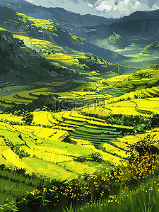 农村文化墙插画图片_稻田农村的黄色花朵和绿色田野素材