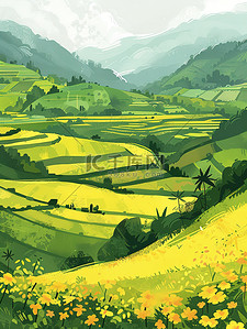 稻田农村的黄色花朵和绿色田野插画