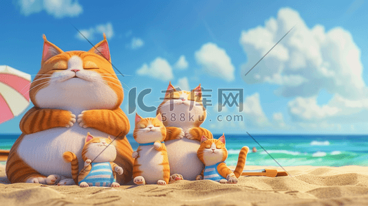 梨沙子很插画图片_沙滩度假的小猫插画