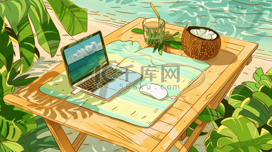 绿色海边插画图片_手绘唯美海边椰子电脑饮料桌椅的插画