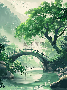 拱桥开业插画图片_江南古镇拱桥春天插画