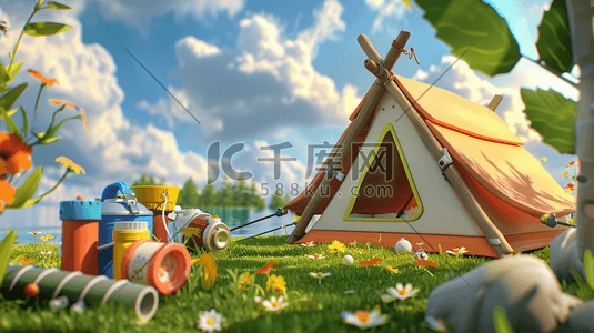 夏令营png插画图片_3D立体夏季夏令营帐篷插画